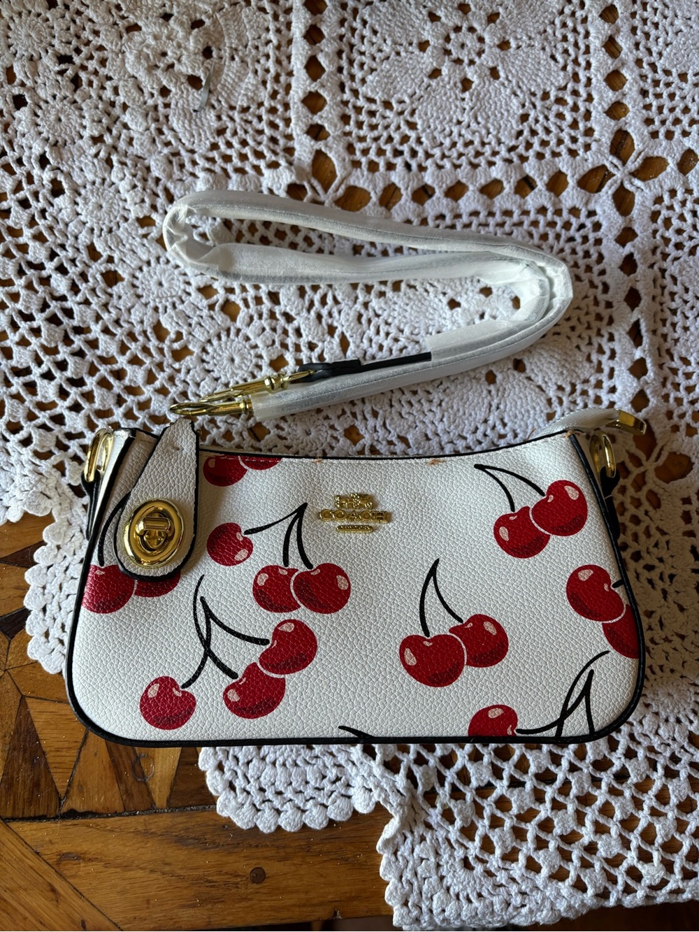 Coach White Leather Shoulder Bag with Red Cherry Print